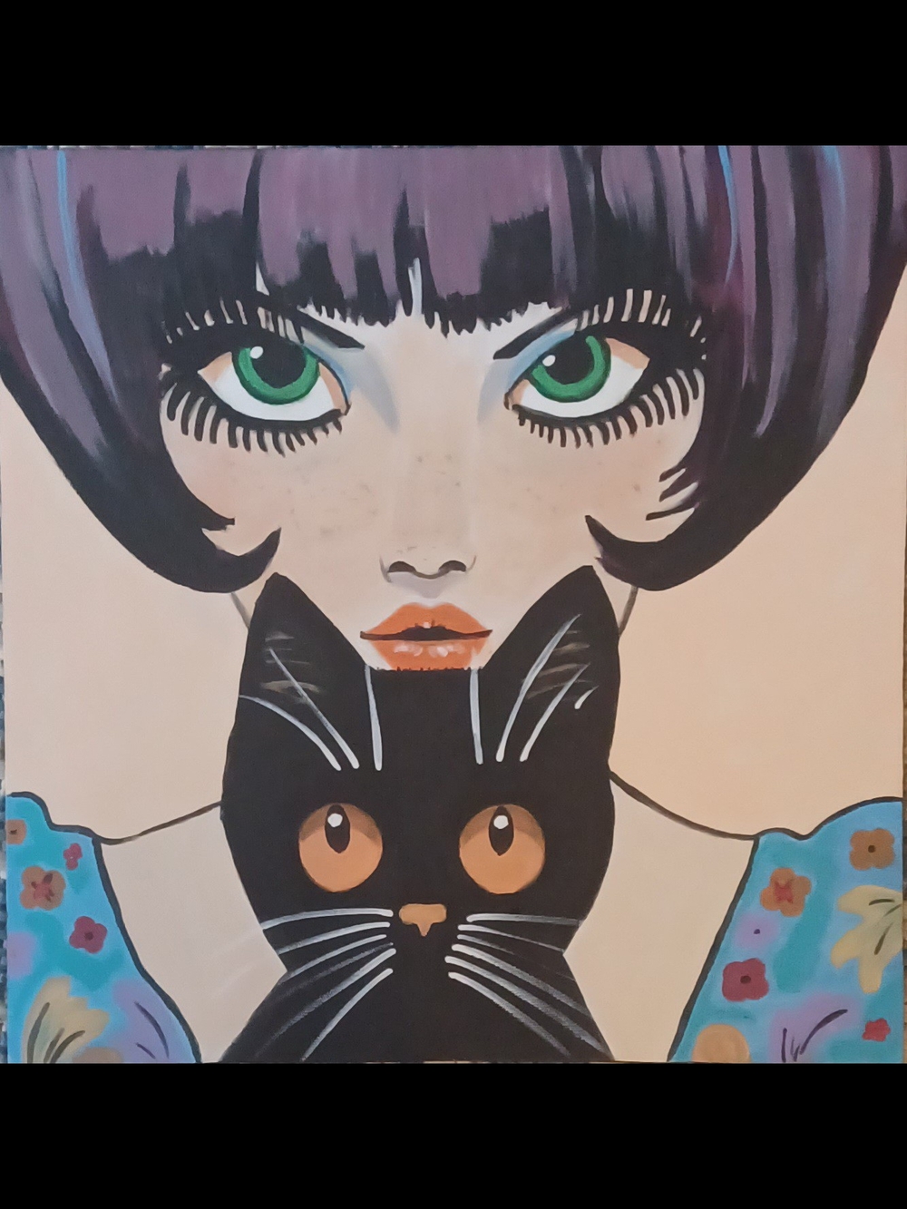 Black Cat Wall Acrylic Painting with Retro Girl - Black & Purple